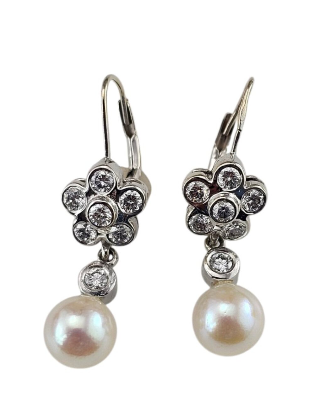 14K White Gold Diamond Flower Pearl Drop Earrings #25939